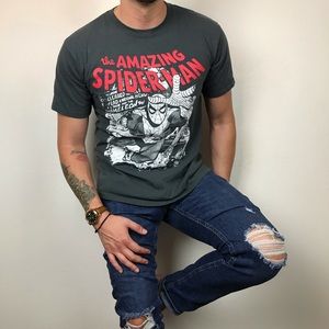 Marvel The Amazing Spider Comic Book Logo Men’s Superhero’s Dark Gray Shirt Sz L